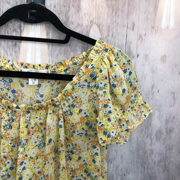 Decree Yellow Floral Short Sleeve Boho Top Blouse - Picture 5 of 8